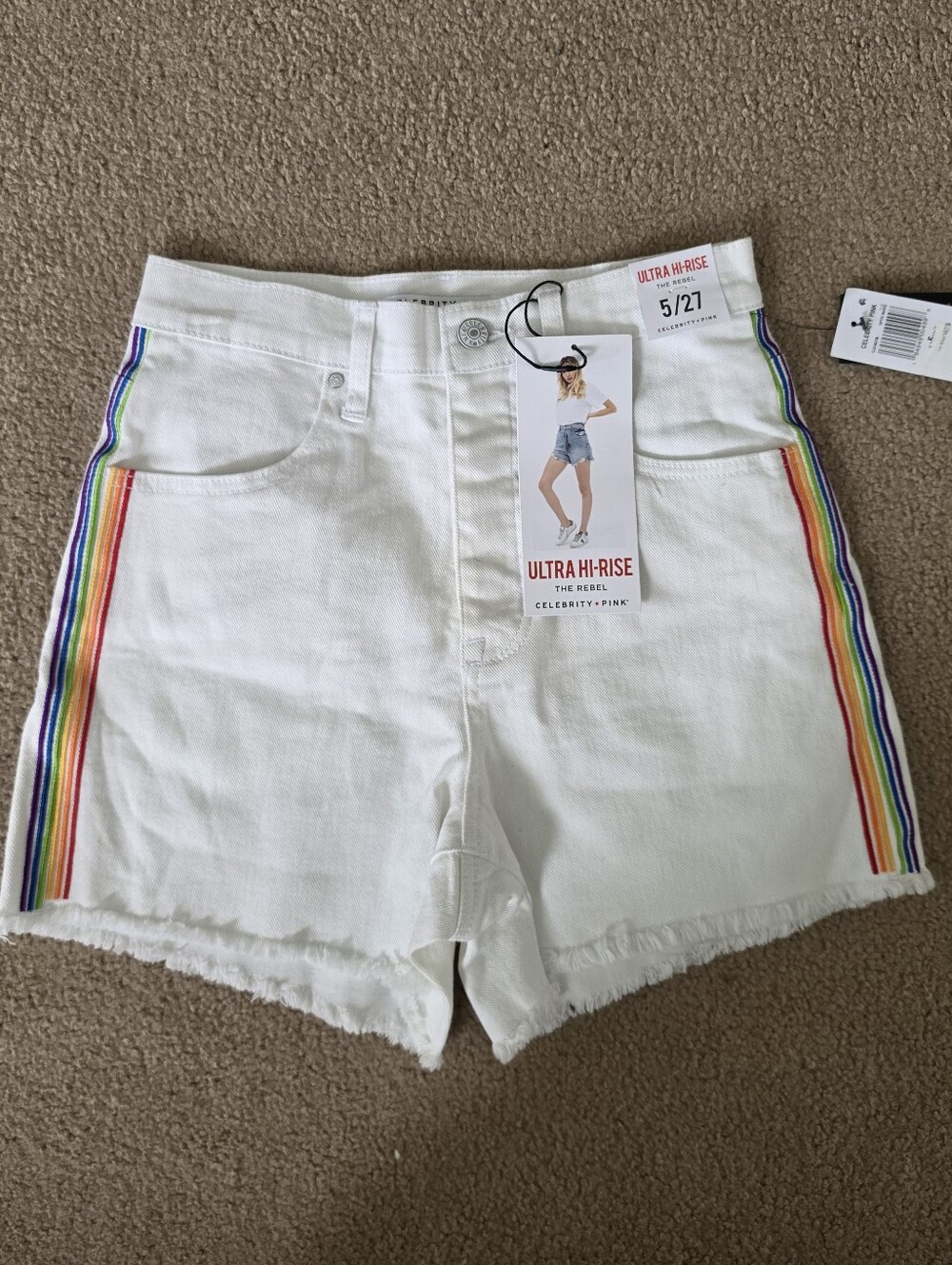 Celebrity Pink The Rebel White High-Rise Denim Shorts with Rainbow Side Stripes